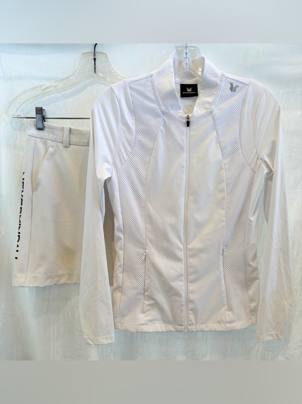 NEVERMINDALL Lenon White Stretch Jersey Jacket XS $219 & Skirt XS $159